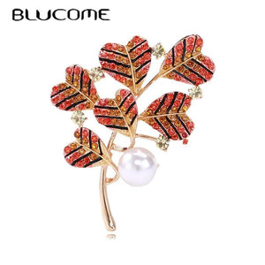 Red Leaves Plant Brooch with Rhinestone Corsage Pin
