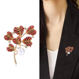 Red Leaves Plant Brooch with Rhinestone Corsage Pin