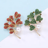 Red Leaves Plant Brooch with Rhinestone Corsage Pin