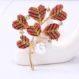 Red Leaves Plant Brooch with Rhinestone Corsage Pin