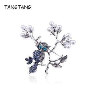 Owl Brooch Crystal Eyes Simulated Pearl Antique Metal Pin