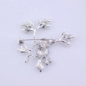 Owl Brooch Crystal Eyes Simulated Pearl Antique Metal Pin