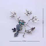 Owl Brooch Crystal Eyes Simulated Pearl Antique Metal Pin