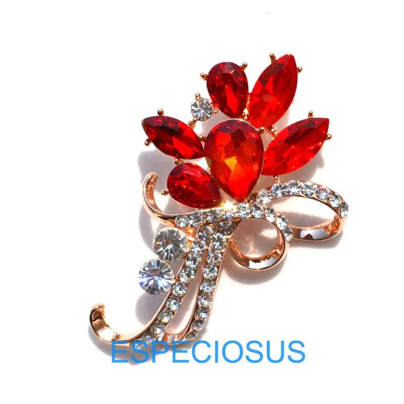 Red CZ Terne Metal Flower Pin Brooch Rhinestone