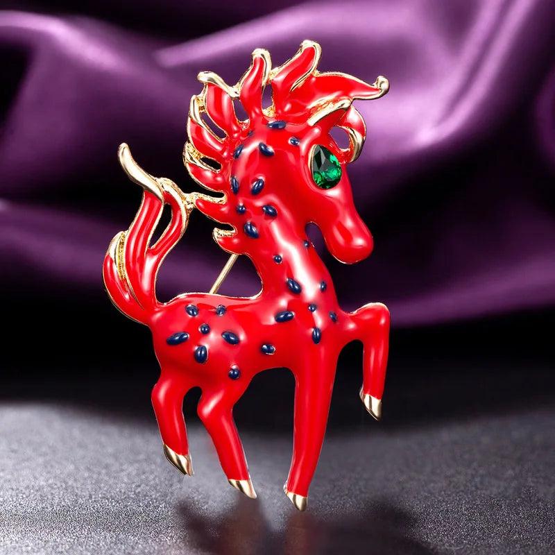 Red Enamel Horse Shape Animal Brooch for Women Men