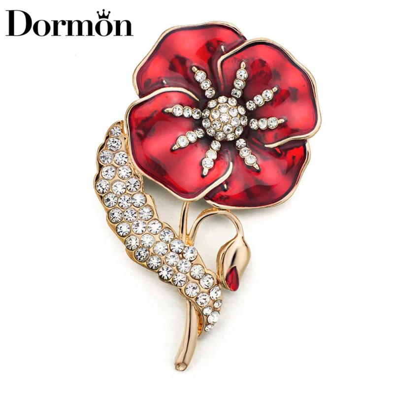 Red Flower Brooch Pins Fancy Metal Crystal Enamel Brooches For Women