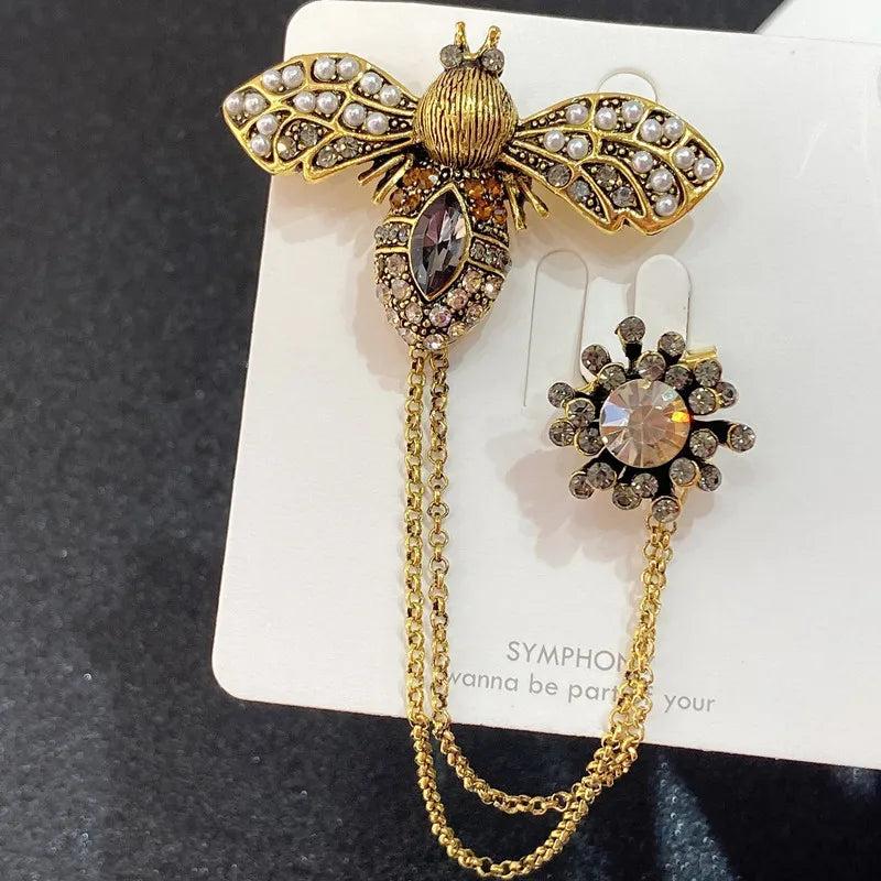 Vintage Crystal Bee Chain Brooch for Women