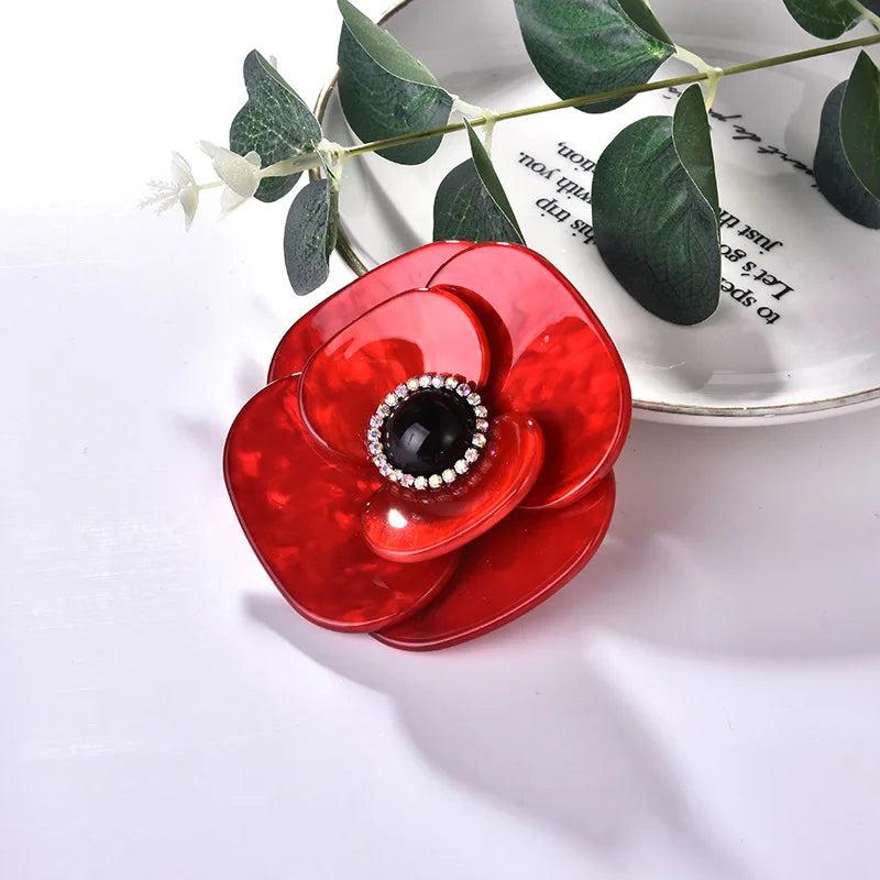Acrylic Red Flower Brooches Corsage Crystal Bead Brooch