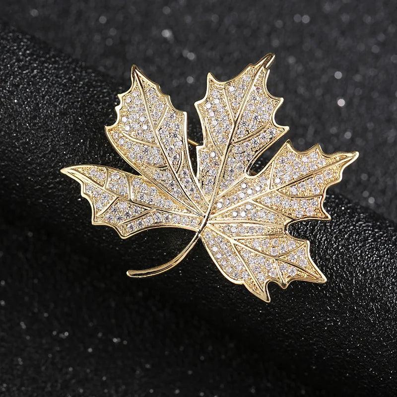 Autumn Maple Leaf Zircon Brooch Collar Pin Woman Accessories