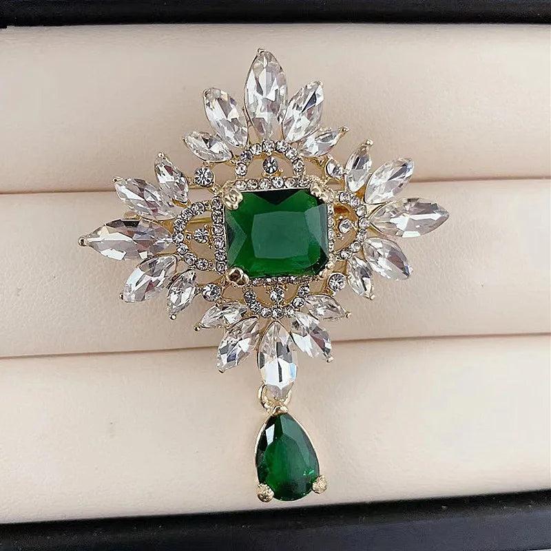 Green Crystal Brooch Women Ladies Jewelry Sweater Accessories Scarf Pins