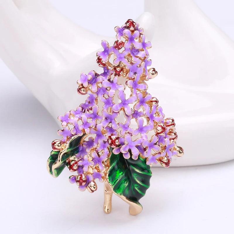 Purple Flower Brooch Green Leaves Enamel Pin Jewelry