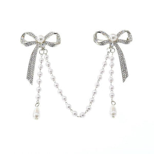 Vintage Rhinestone Double Bowknot Pin Brooch Pearls Tassel
