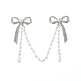 Vintage Rhinestone Double Bowknot Pin Brooch Pearls Tassel