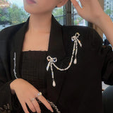 Vintage Rhinestone Double Bowknot Pin Brooch Pearls Tassel