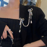 Vintage Rhinestone Double Bowknot Pin Brooch Pearls Tassel
