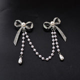 Vintage Rhinestone Double Bowknot Pin Brooch Pearls Tassel