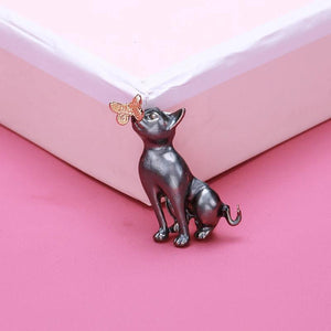 Enamel Gray Cat Kissing Butterfly Brooch for Women