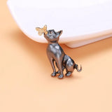 Enamel Gray Cat Kissing Butterfly Brooch for Women