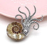 Coral Jade Octopus Brooch Men Women Charms Pins Pendant Silver Jewelry