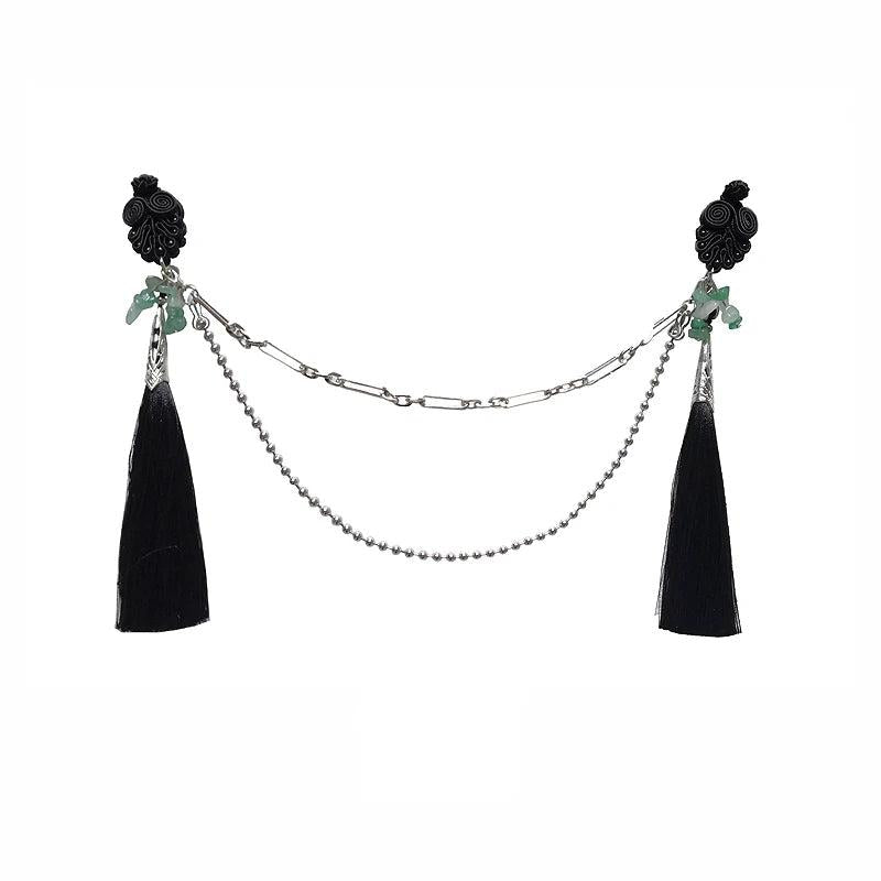 Vintage Stone Chinese Knot Tassel Chain Disc Buckle Brooch