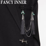 Vintage Stone Chinese Knot Tassel Chain Disc Buckle Brooch