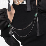 Vintage Stone Chinese Knot Tassel Chain Disc Buckle Brooch