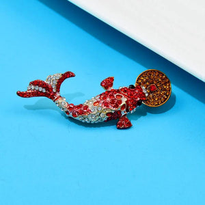 Rhinestone Carp and Chinese Coins Brooches for Women Lucky Animal Pin