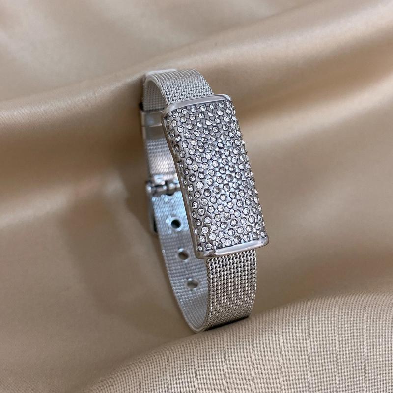 Rhinestone Silver Strap Steel Bangles Bracelet Charm Jewelry Gift