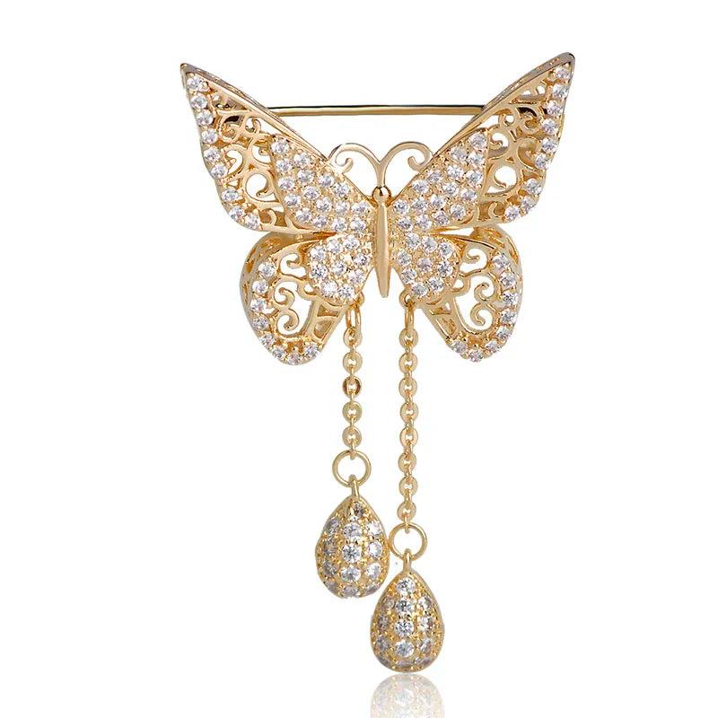 Cubic Zircon Double Butterfly Tassel Pendant Copper Brooch