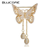 Cubic Zircon Double Butterfly Tassel Pendant Copper Brooch