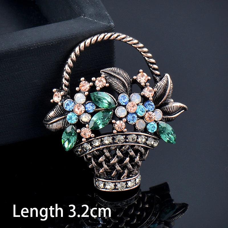 Flower Basket Brooch Red Green Pink Cubic Zircon Pin Party Jewelry
