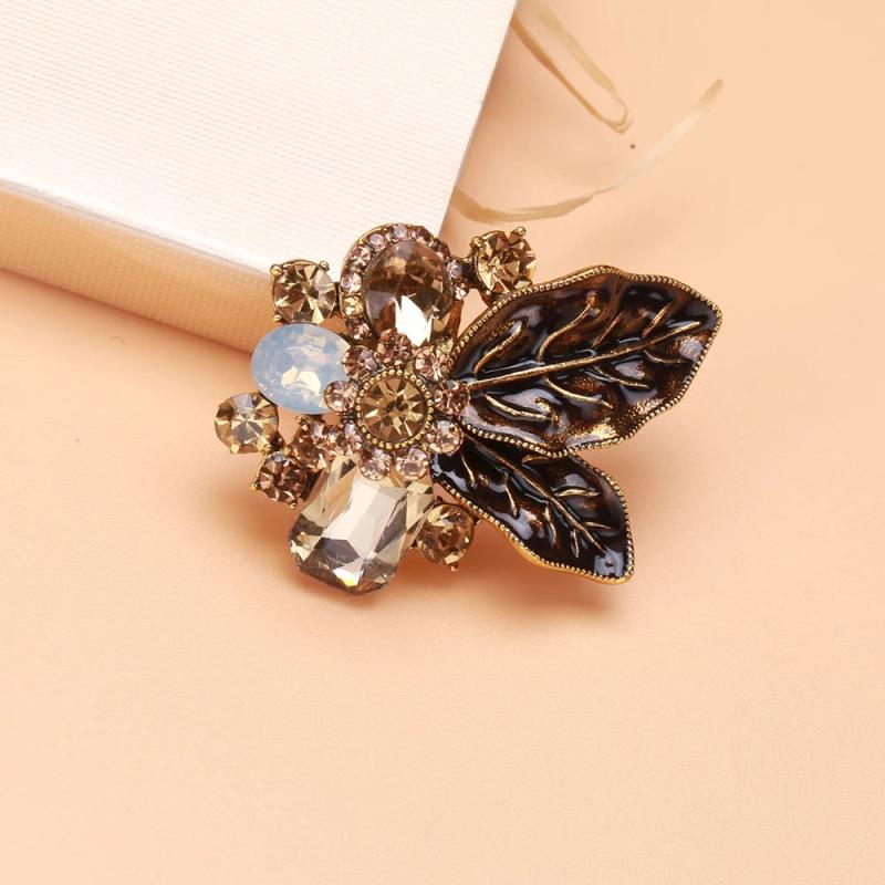 Green Brown Rhinestone Flower Brooch Pins for Women