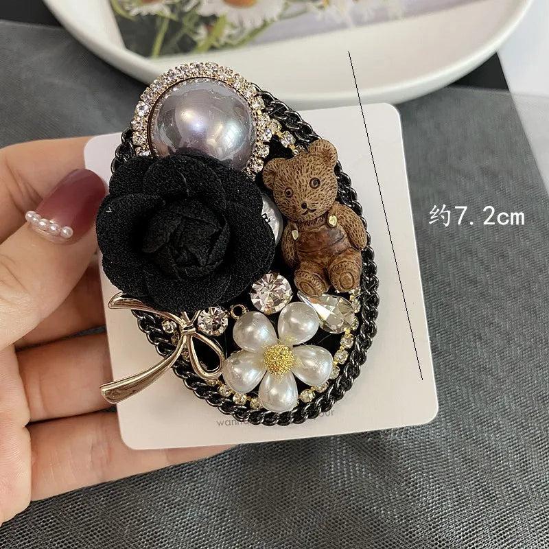 Vintage Pearl Bear Camellia Brooch Pin Crystal Party Clothing Accessory Gift