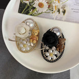 Vintage Pearl Bear Camellia Brooch Pin Crystal Party Clothing Accessory Gift