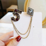 Rhinestone Number 5 Chain Brooch Women's Sweater Coat Pin