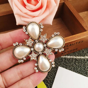 Vintage Crystal Cross Pearl Brooch Women Accessories