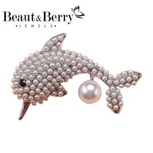 Beaut&Berry Dolphin Pearl Brooches 2-color Lovely Sea Fish Pin