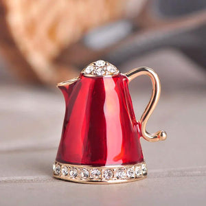 Teapot Shape Red Enamel Brooch with Crystals
