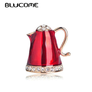 Teapot Shape Red Enamel Brooch with Crystals