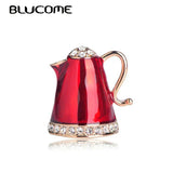 Teapot Shape Red Enamel Brooch with Crystals