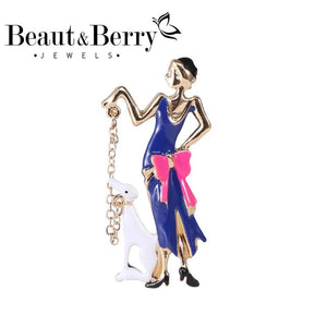 Beaut&Berry Dog Lady Brooch Pin Enamel Walking Puppy Gift