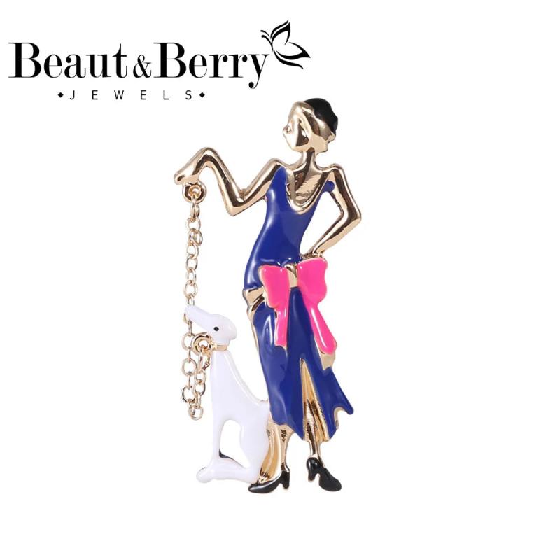 Beaut&Berry Dog Lady Brooch Pin Enamel Walking Puppy Gift