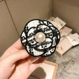 Fabric Camellia Flower Brooch with Pearl Rhinestone Pin