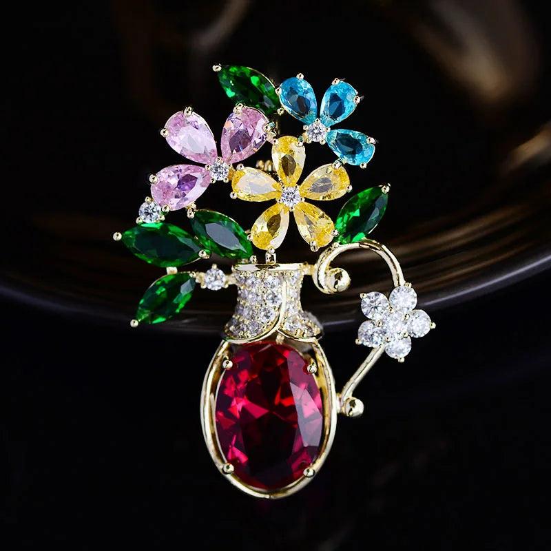 Copper Inlaid Zircon Vase Brooch Pin Hat Clothing Corsage