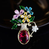 Copper Inlaid Zircon Vase Brooch Pin Hat Clothing Corsage