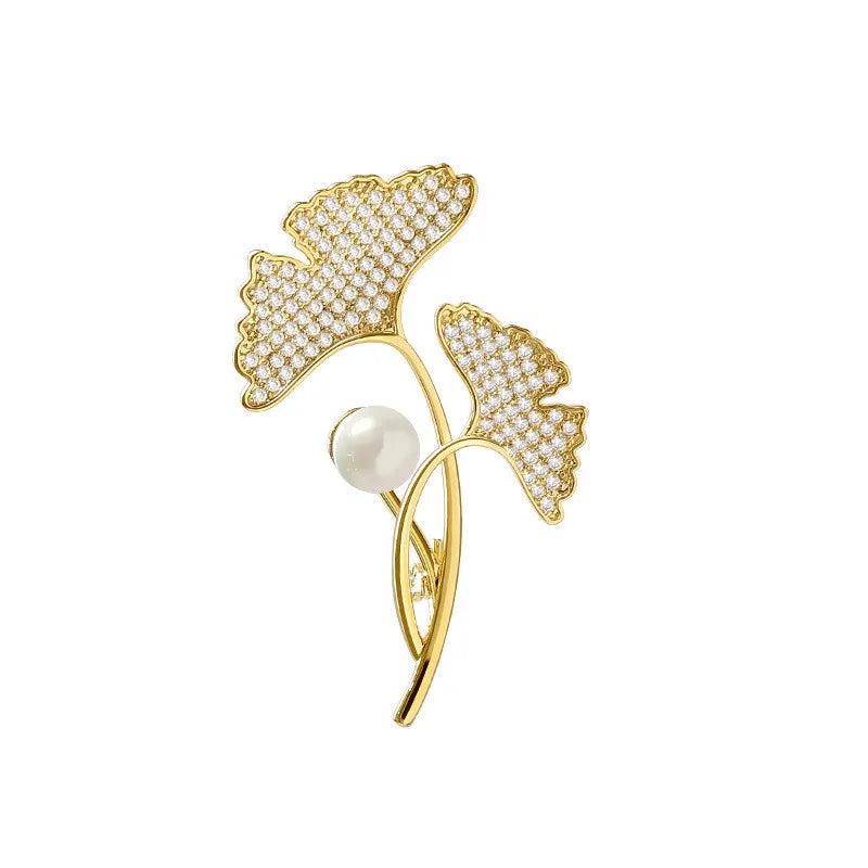 Ginkgo Biloba Corsage Pin Brooch Zircon Pearl Jewelry Gift