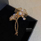 Ginkgo Biloba Corsage Pin Brooch Zircon Pearl Jewelry Gift