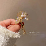 Ginkgo Biloba Corsage Pin Brooch Zircon Pearl Jewelry Gift