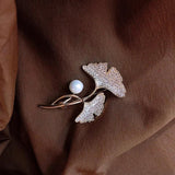 Ginkgo Biloba Corsage Pin Brooch Zircon Pearl Jewelry Gift