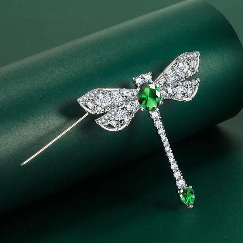 French Emerald Texture Zircon Dragonfly Brooch Women's Corsage